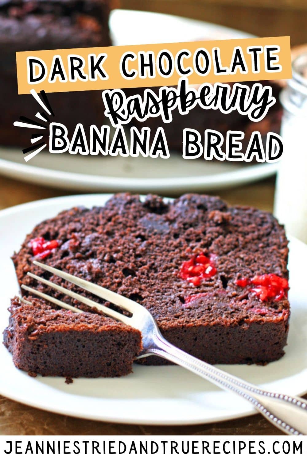 A pin image of a slice of dark chocolate raspberry banana bread on a white plate with a fork and a glass of milk.