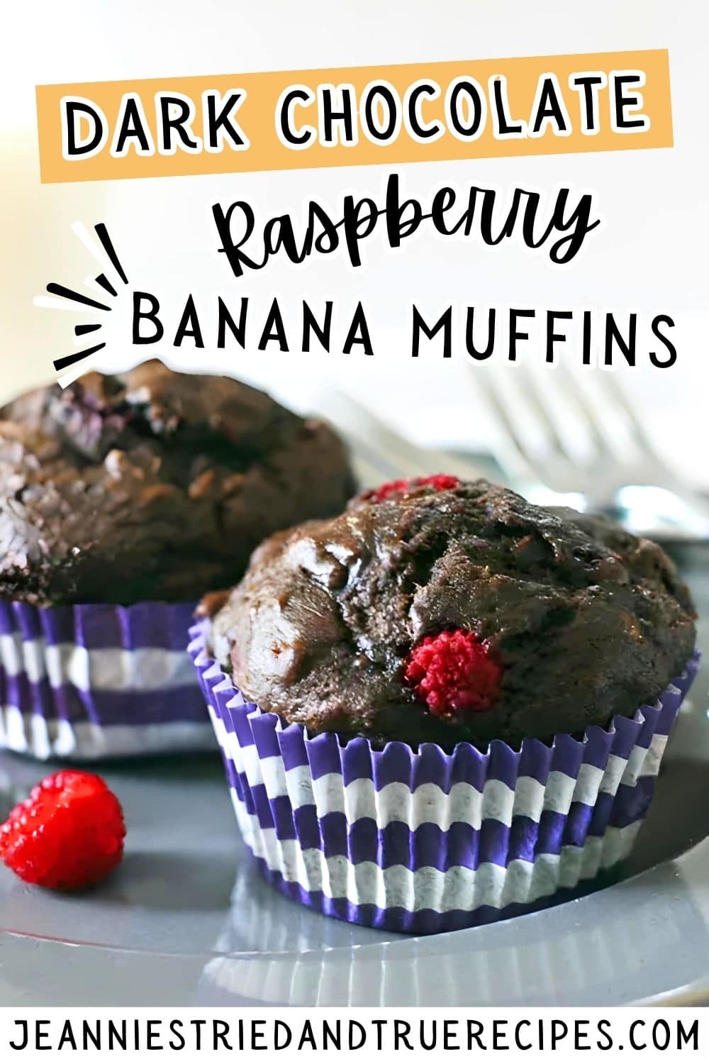 A pin image of two dark chocolate raspberry banana muffins on a gray plate.