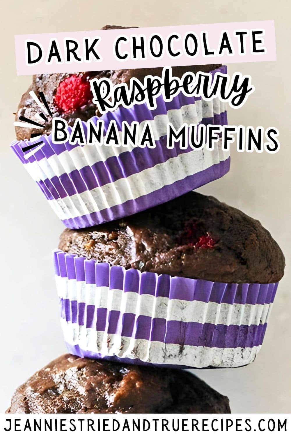 A pin image of a stack of three dark chocolate raspberry banana muffins.