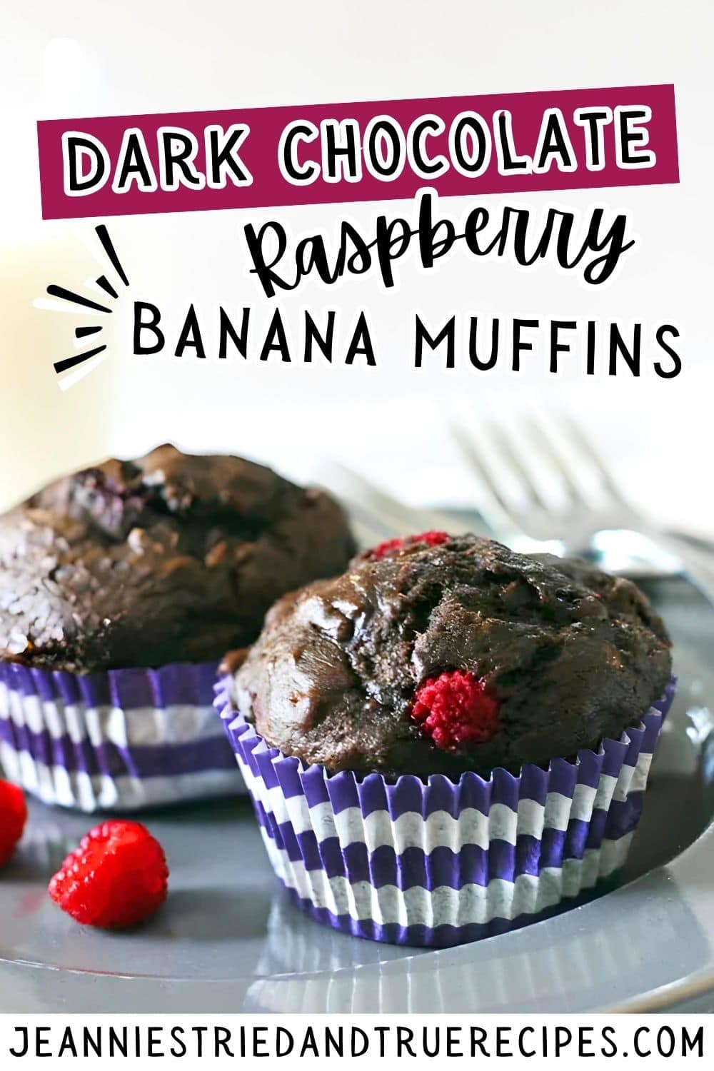 A pin image of two dark chocolate raspberry banana muffins on a blue plate.