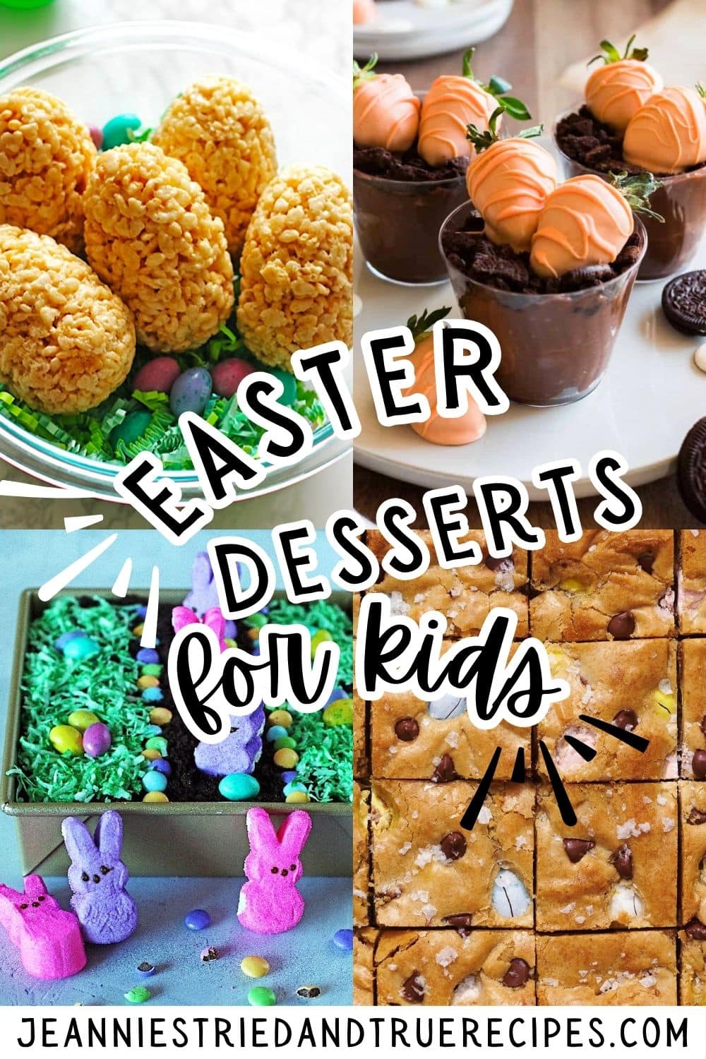 A pin collage of images with Easter desserts for kids - Easter Dirt Cake, Cadbury Egg Blondies, Carrot Dirt Cups, and Rice Krispies Eggs.