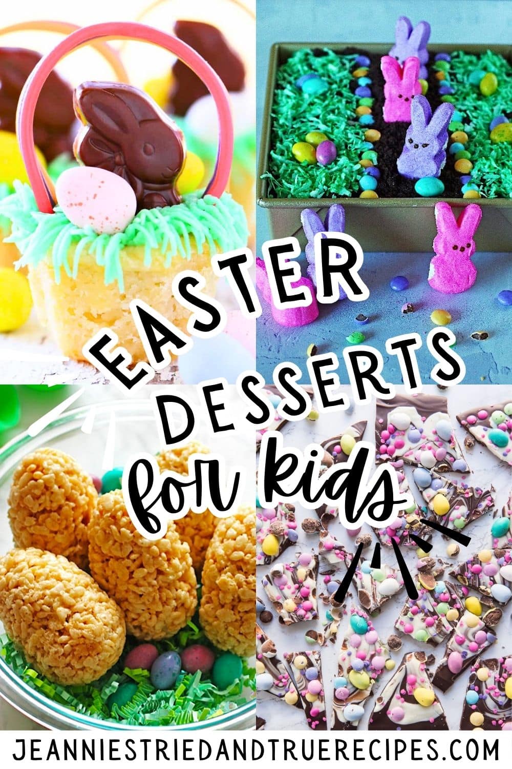 A pin collage of images with Easter desserts for kids - Easter Dirt Cake, Sugar Cookie Easter Baskets, Rice Krispies Eggs, and Cadbury Egg Bark.