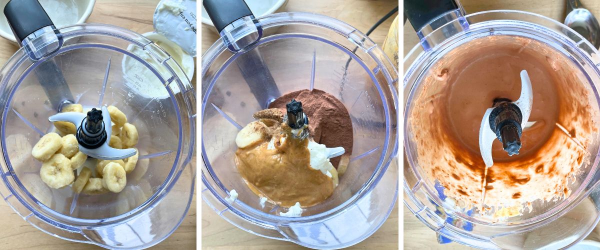 A collage of three images showing how to blend a chocolate peanut butter and banana smoothie.