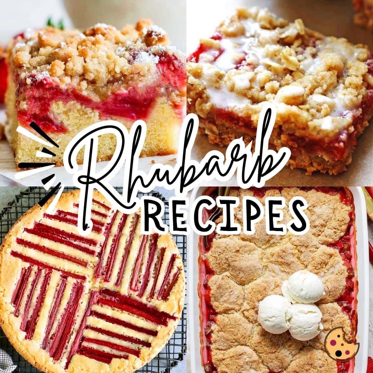 A collage of rhubarb recipes showing strawberry rhubarb crumble bars, custard cake, rhubarb cobbler, and crumble bars.