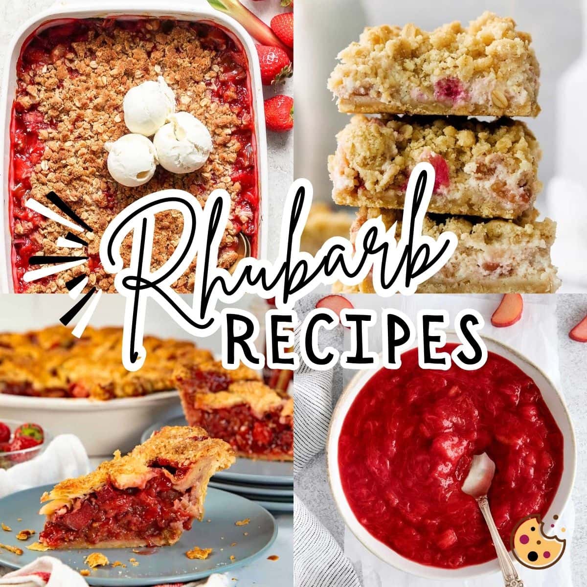 A collage of rhubarb recipes showing strawberry rhubarb pie, cream cheese bars, rhubarb crisp, and rhubarb sauce.
