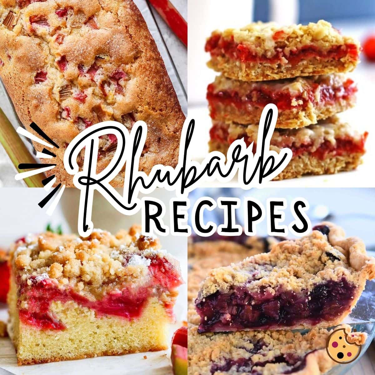 A collage of rhubarb recipes showing bread, berry pie, and strawberry rhubarb crumble bars.