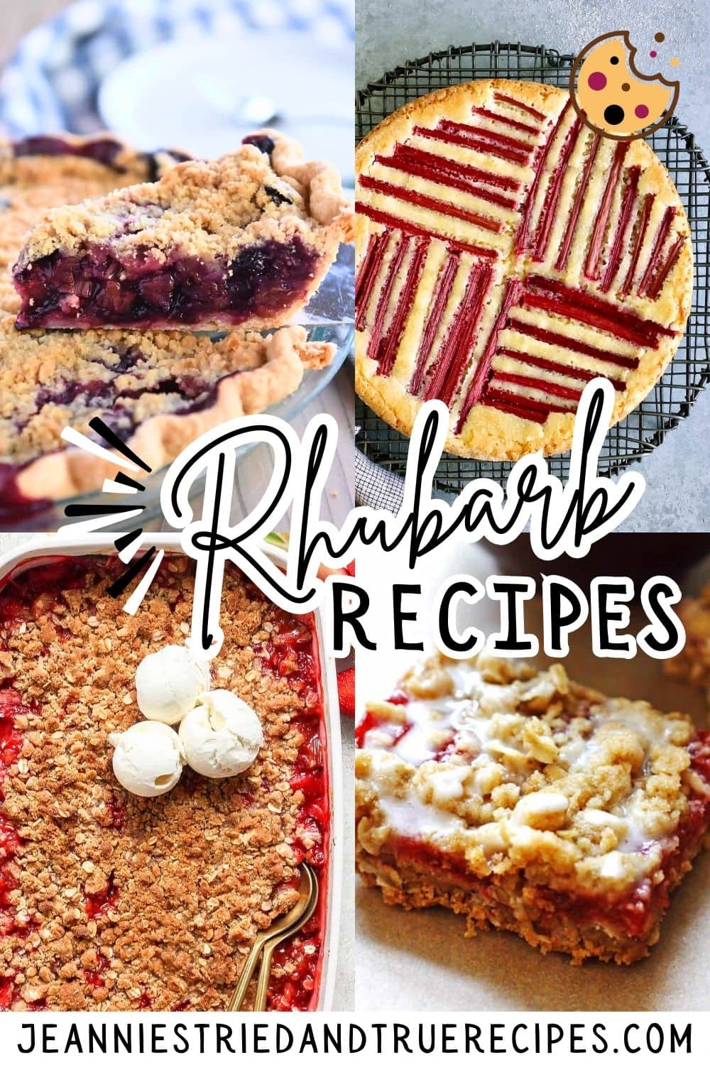 A pin collage of images of rhubarb recipes, custard cake, berry pie, crisp, and strawberry rhubarb crumble bars.