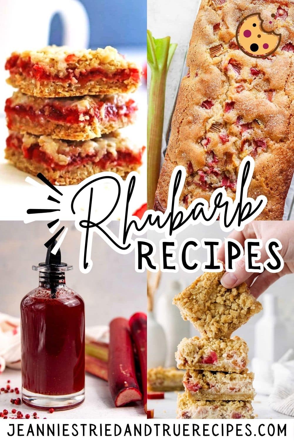 A pin collage of images of rhubarb recipes, rhubarb syrup, cream cheese crisp bars, bread, and strawberry rhubarb crumble bars.