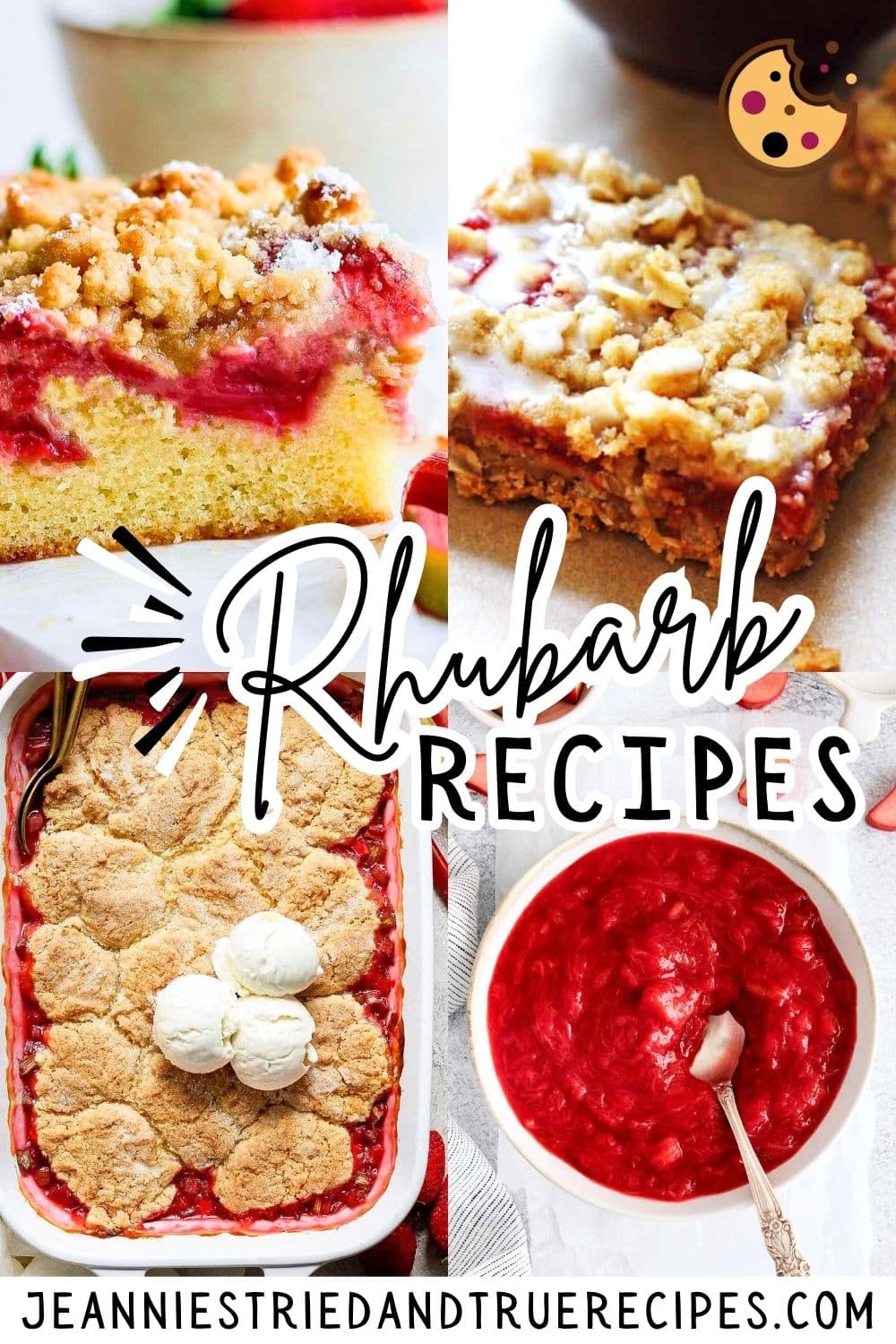 A pin collage of images of rhubarb recipes, rhubarb syrup, crisp, cobbler, and strawberry rhubarb crumble bars.