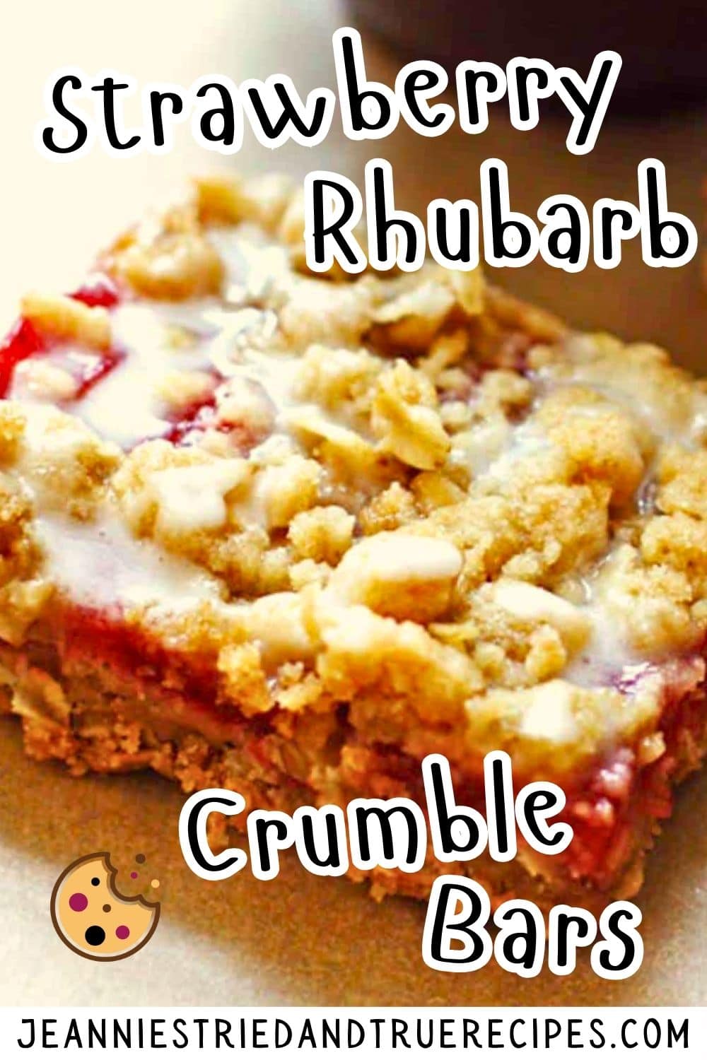 A pin image of a glazed strawberry rhubarb crumble bar with oats.