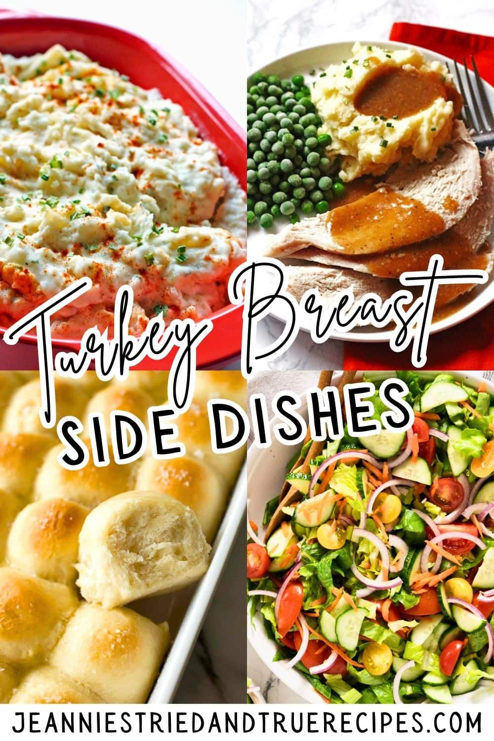 A collage of images showing sides for turkey breast - salad, rolls, and mashed potatoes.