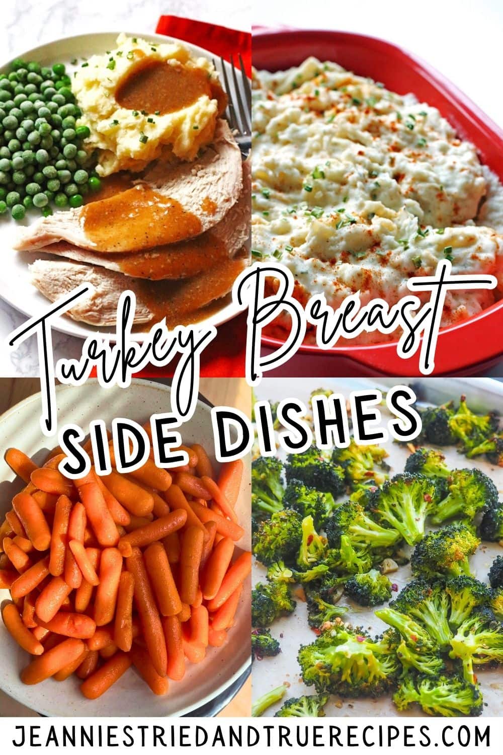 A collage of images showing sides for turkey breast - broccoli, glazed carrots, and mashed potatoes.