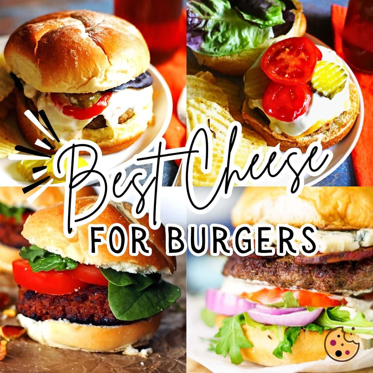 A collage of images showing the best cheese for cheese burgers, showcasing four burgers with dripping cheese.