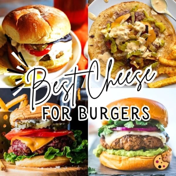 A collage of images showing the best cheese for cheeseburgers, showcasing four burgers with dripping cheese.