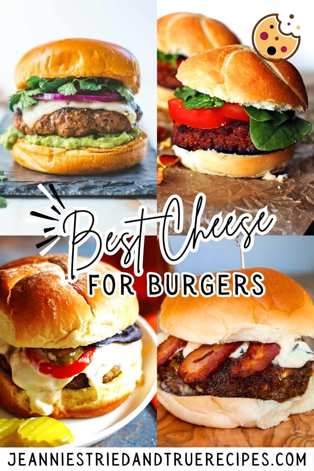 A collage of images showing the best cheese for burgers, showcasing four burgers with dripping melted cheese.
