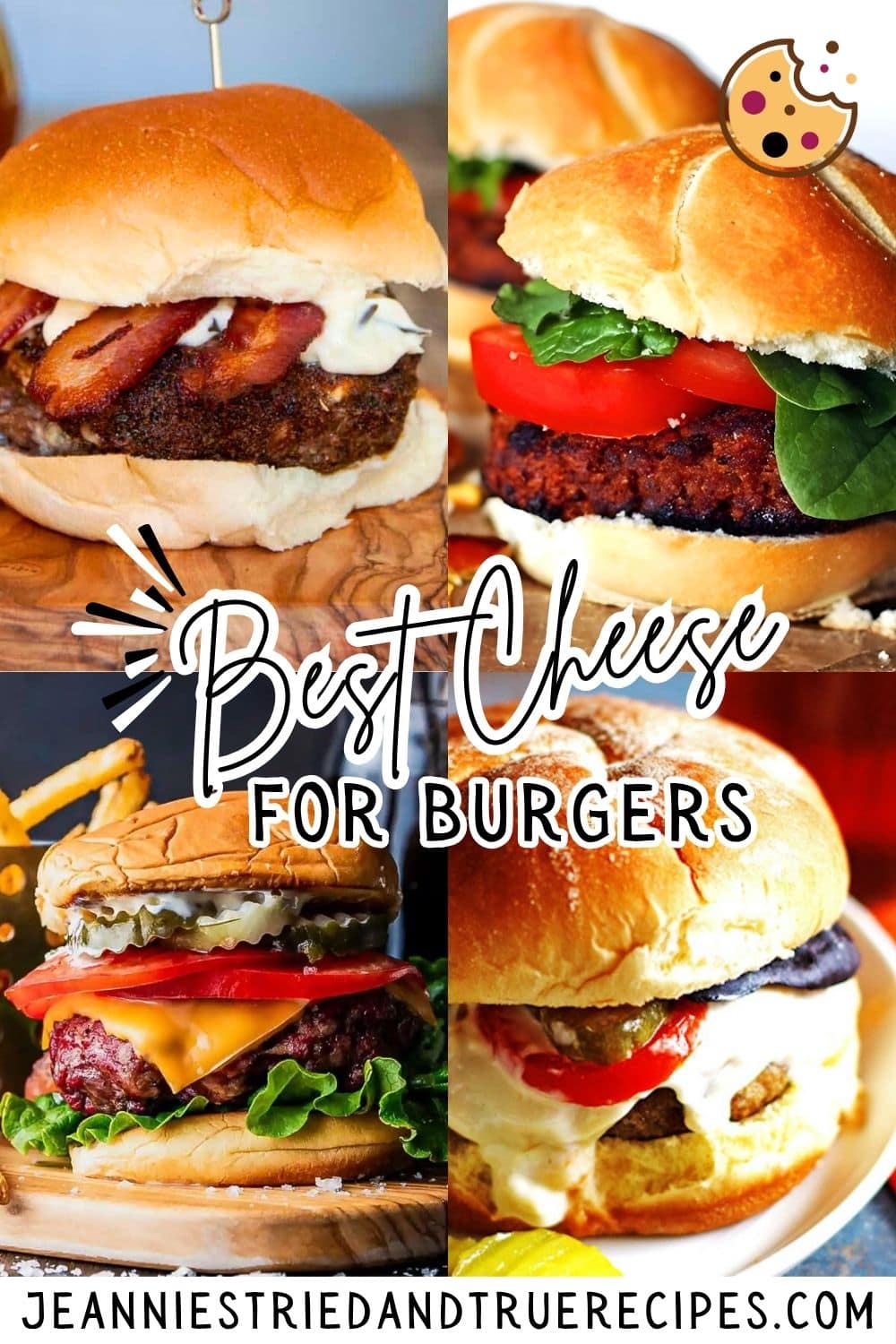 A collage of images showing the best cheese for burgers, showcasing four burgers with dripping cheese.