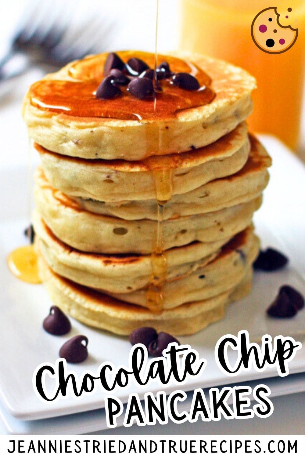 A pin image of a stack of chocolate chip pancakes with maple syrup drizzled down the side.
