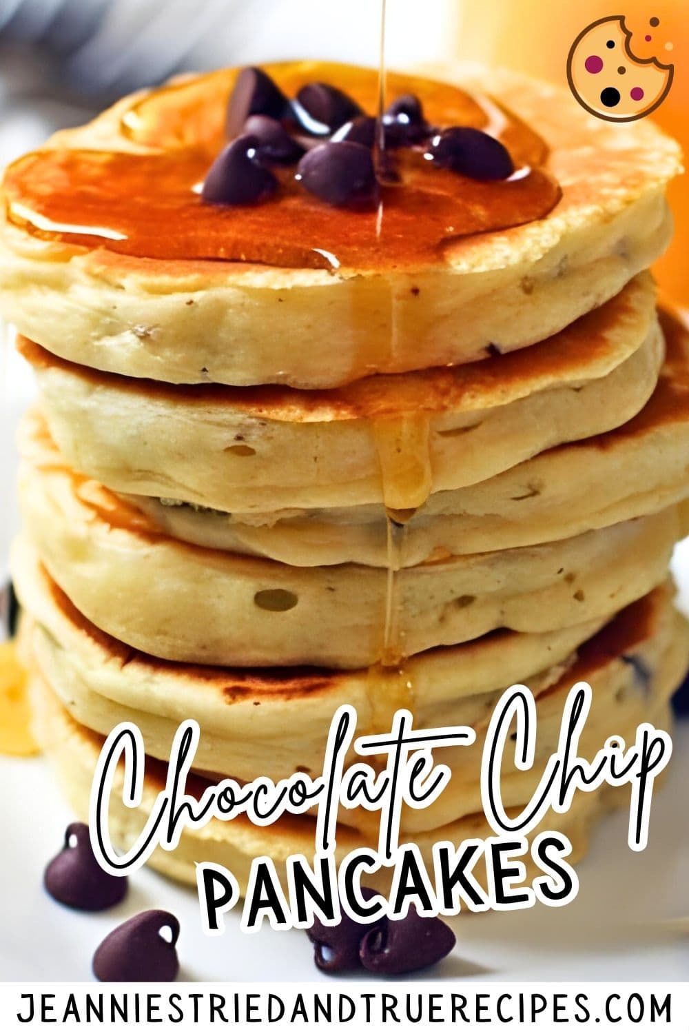 A pin image of a stack of chocolate chip pancakes with maple syrup running down the side.
