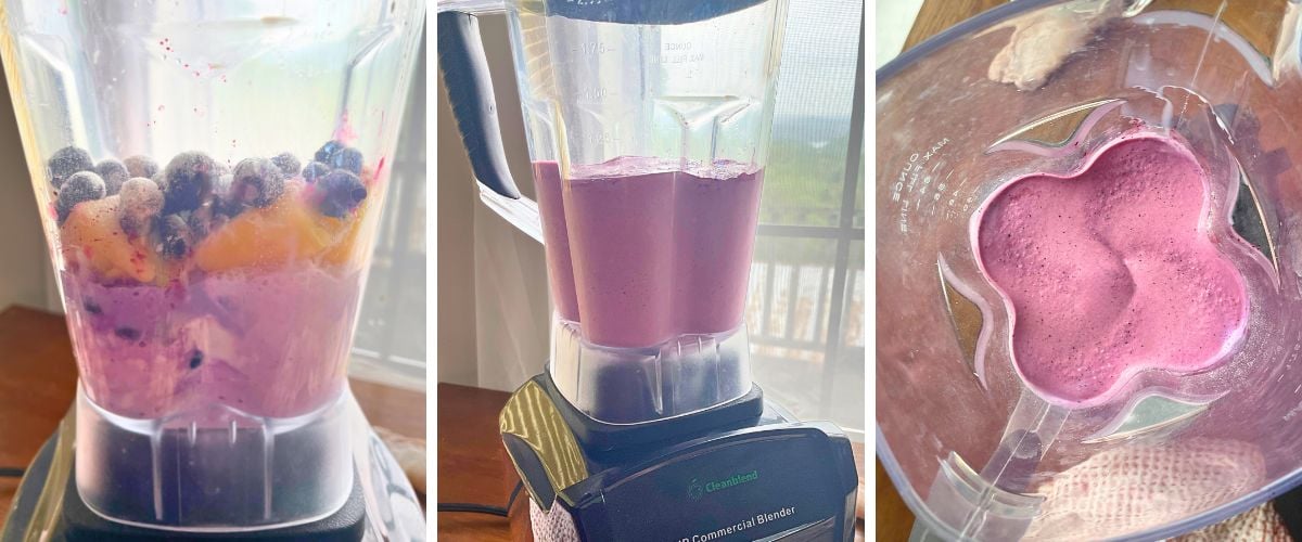 A collage of images showing how to blend up a blueberry pineapple smoothie.