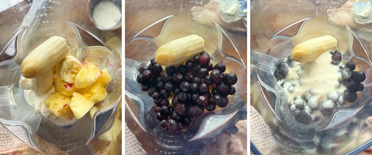 A collage of images showing how to blend up the fruit in a blueberry pineapple smoothie.