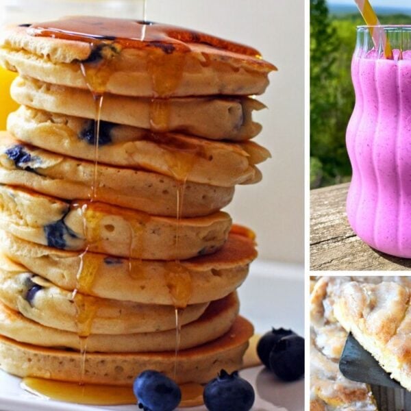 Brunch recipes: pancakes, cinnamon rolls, and a smoothie.