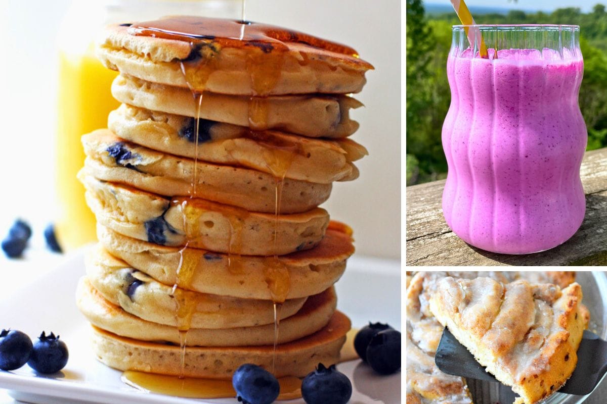Brunch recipes: pancakes, cinnamon rolls, and a smoothie.