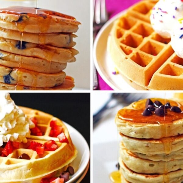 A collage of pancake and waffle recipes.