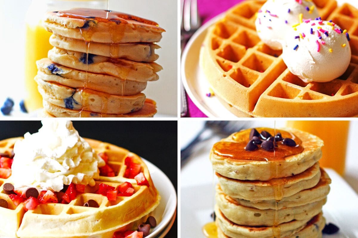 A collage of pancake and waffle recipes.