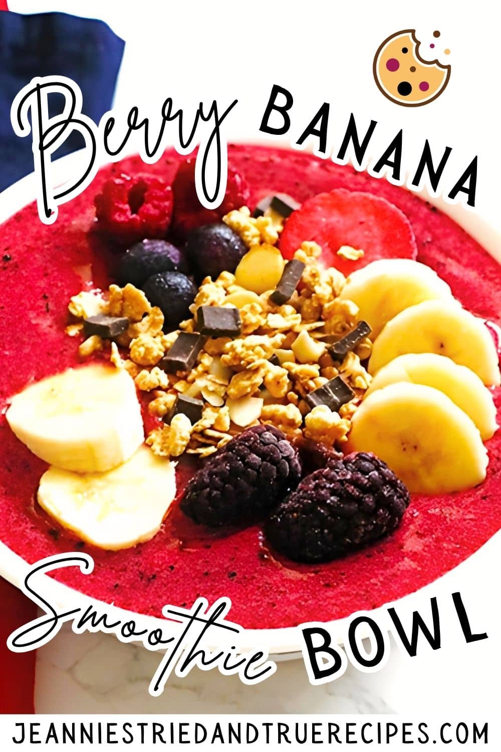 A pin image of a berry smoothie bowl with bananas topped with banana slices, frozen berries, and granola.