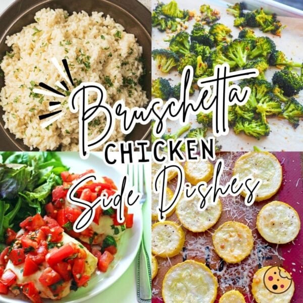 A collage of images showing side dishes for bruschetta chicken - squash, broccoli, and garlic butter rice.