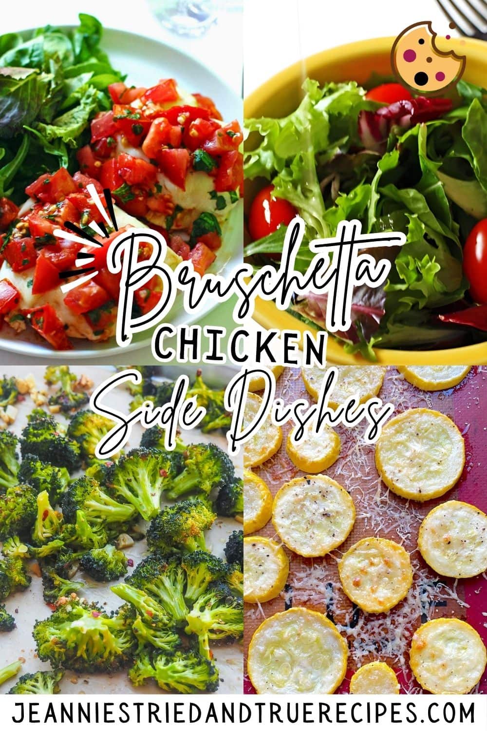 A collage of images showing what to serve with bruschetta chicken - squash, roasted broccoli, and a side salad.