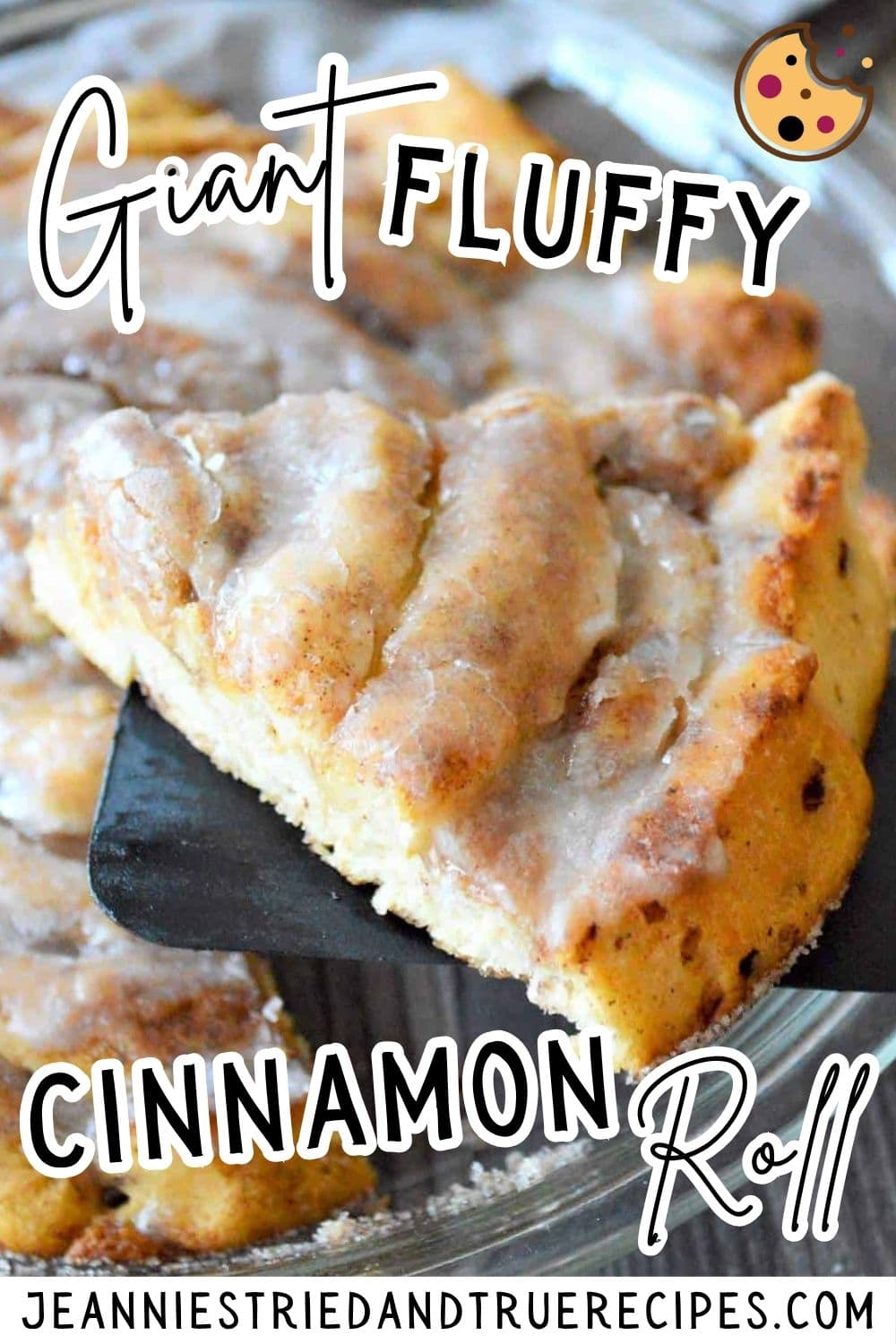 A pin image of a slice of a giant fluffy cinnamon roll topped with homemade icing.