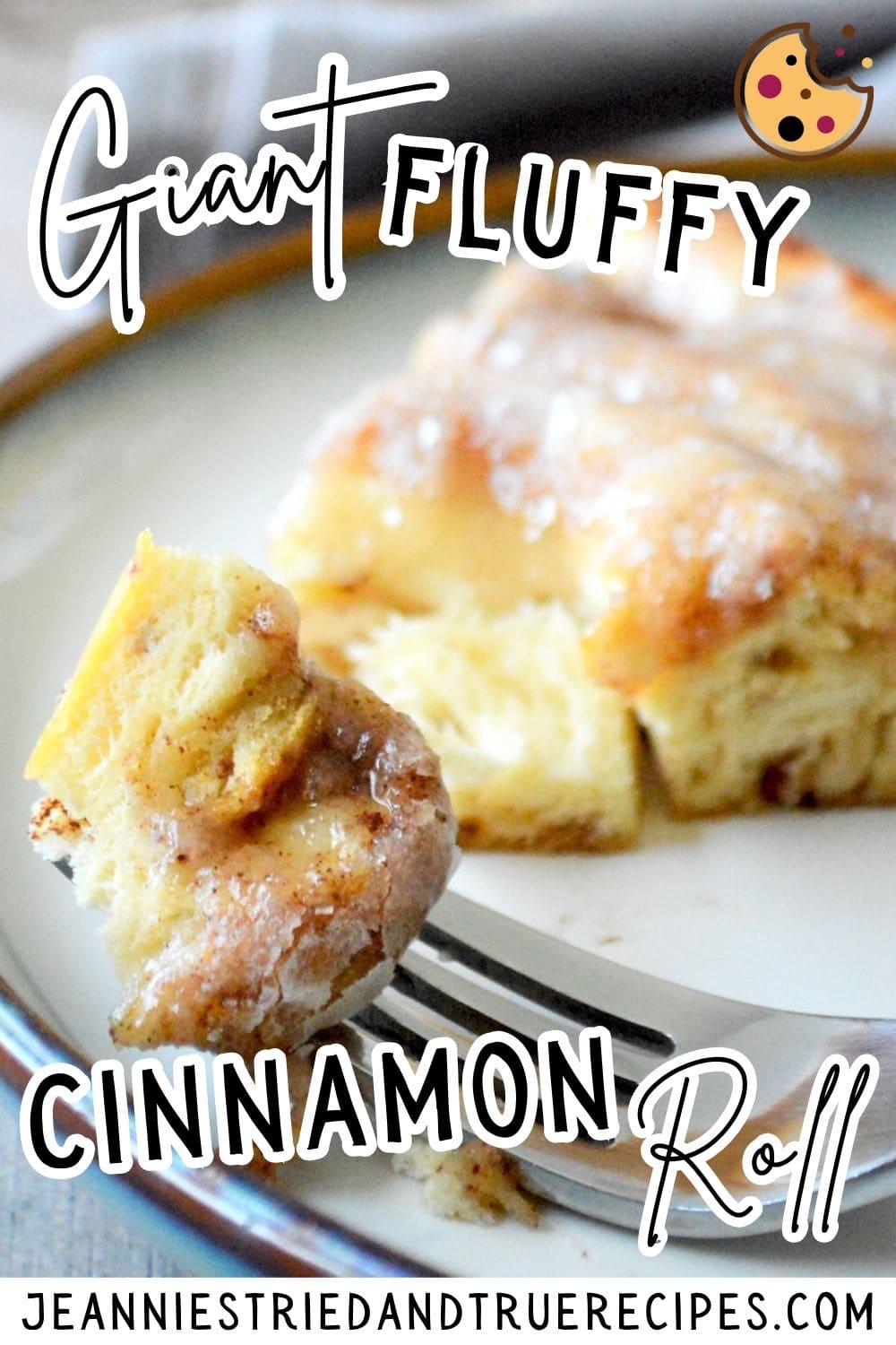 A pin image of a bite of a cinnamon roll on a fork.