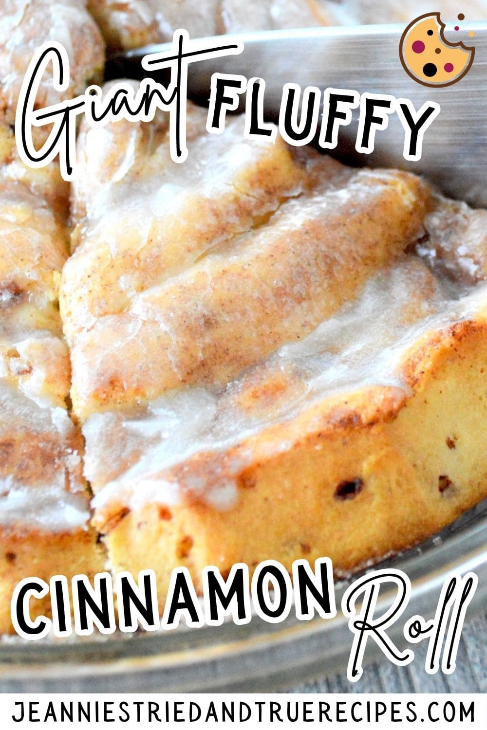 A pin image of a slice of a giant fluffy cinnamon roll covered in icing.