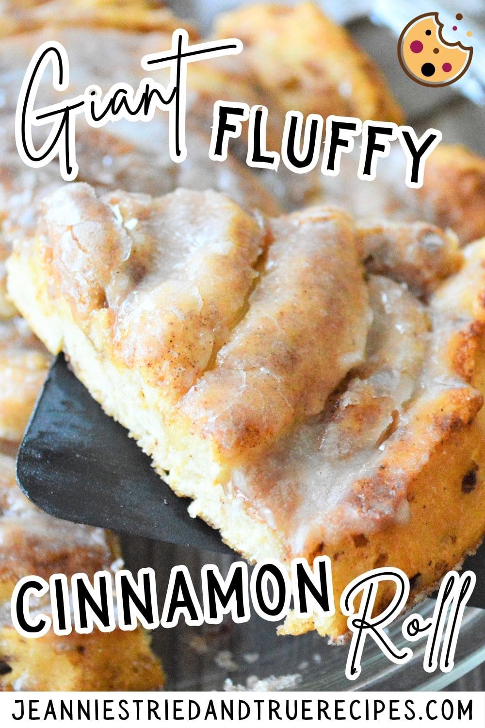 A pin image of a slice of a giant fluffy cinnamon roll covered in icing.