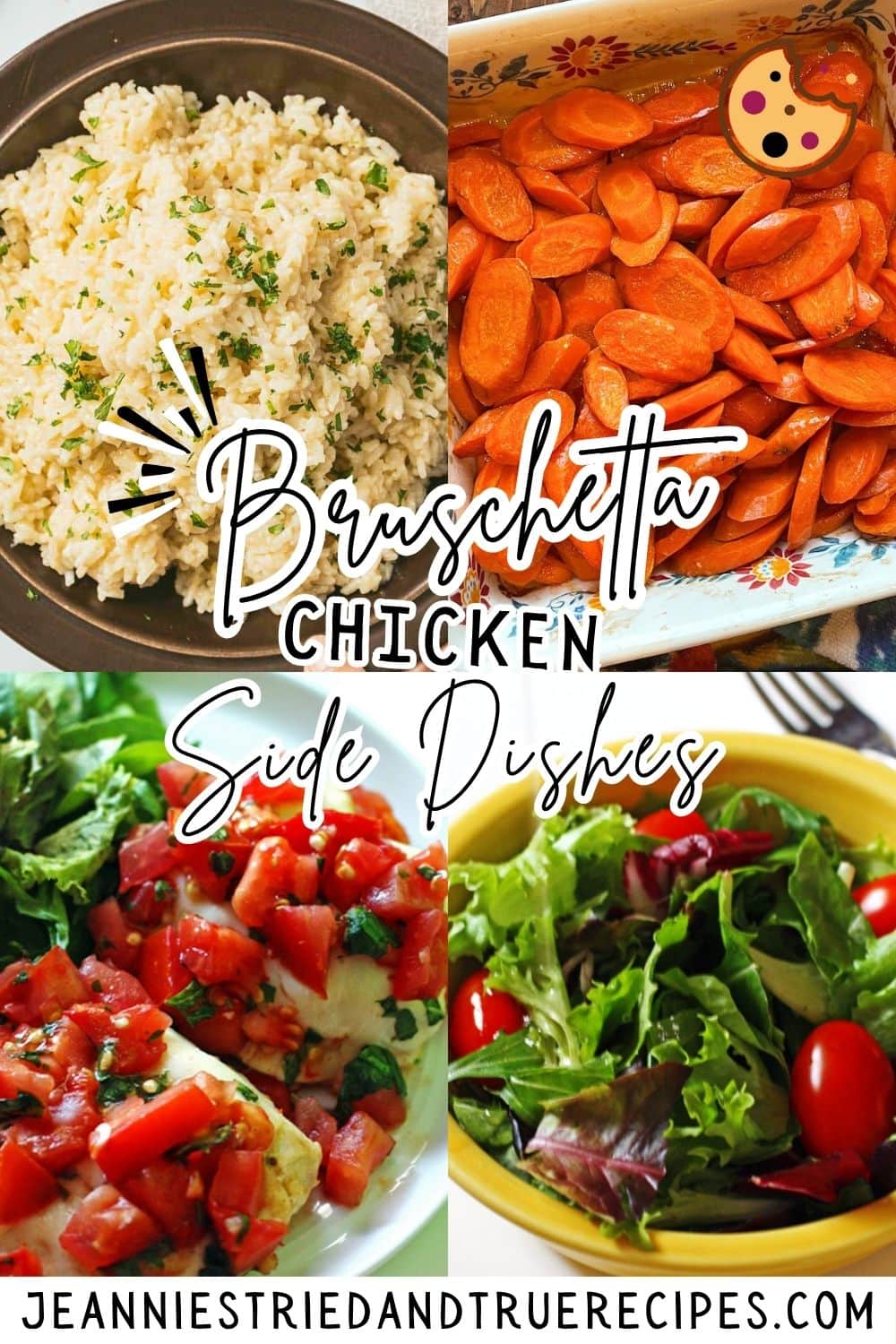 A collage of images showing what to serve with bruschetta chicken - garlic butter rice, a side salad, and roasted carrots.