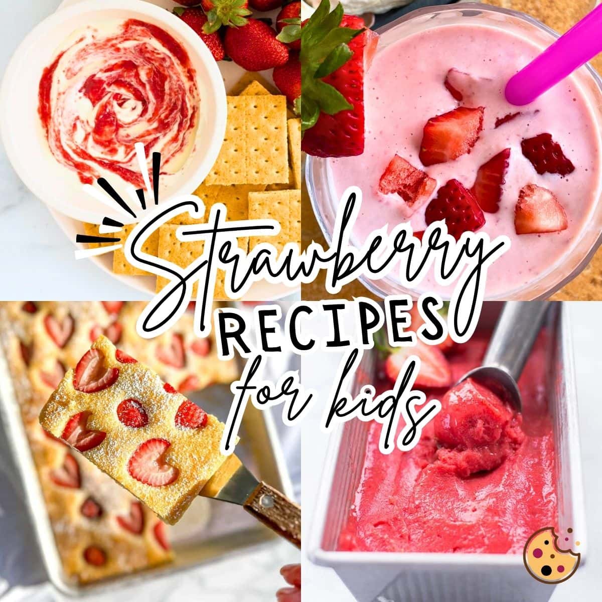 A collage of images showing strawberry recipes for kids - strawberry pancakes, a strawberry cheesecake smoothie, strawberry sorbet, and strawberry creamchees dip.