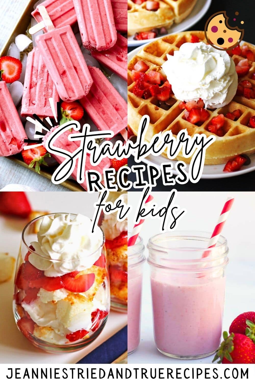 A collage of images showing strawberry recipes for kids - strawberry popsicles, strawberry milk, a Belgian waffle, and an Angel food cake trifle.